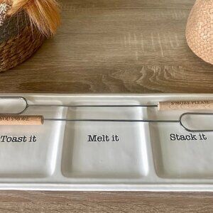Mud Pie Smores Tray Set 6 1/4 x 16 Skewer 15 White New Ceramic Food Tray